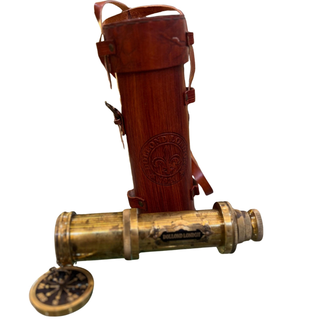 Dolland London Antique Brass Telescope – 18 Inch Vintage Nautical Spyglass with Leather Case