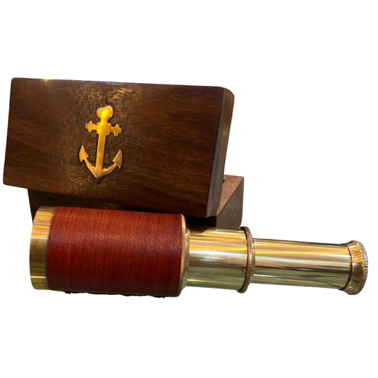 Brown Leather Brass Telescope with Wooden Box – Vintage Nautical Spyglass