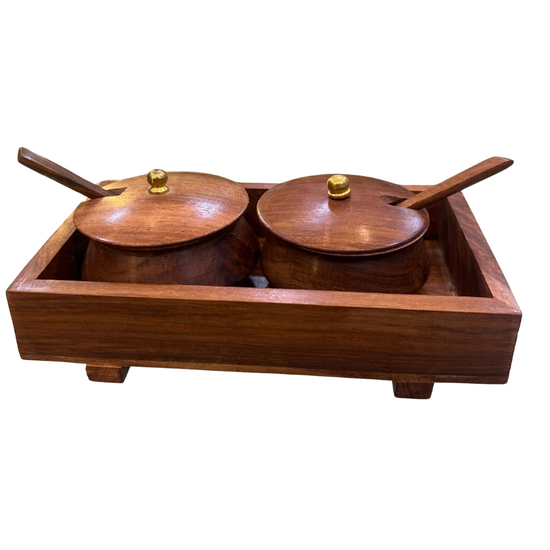 Handcrafted Sheesham Wood Spice Jar Set with Tray & Spoons β Elegant Kitchen & Dining Organizer