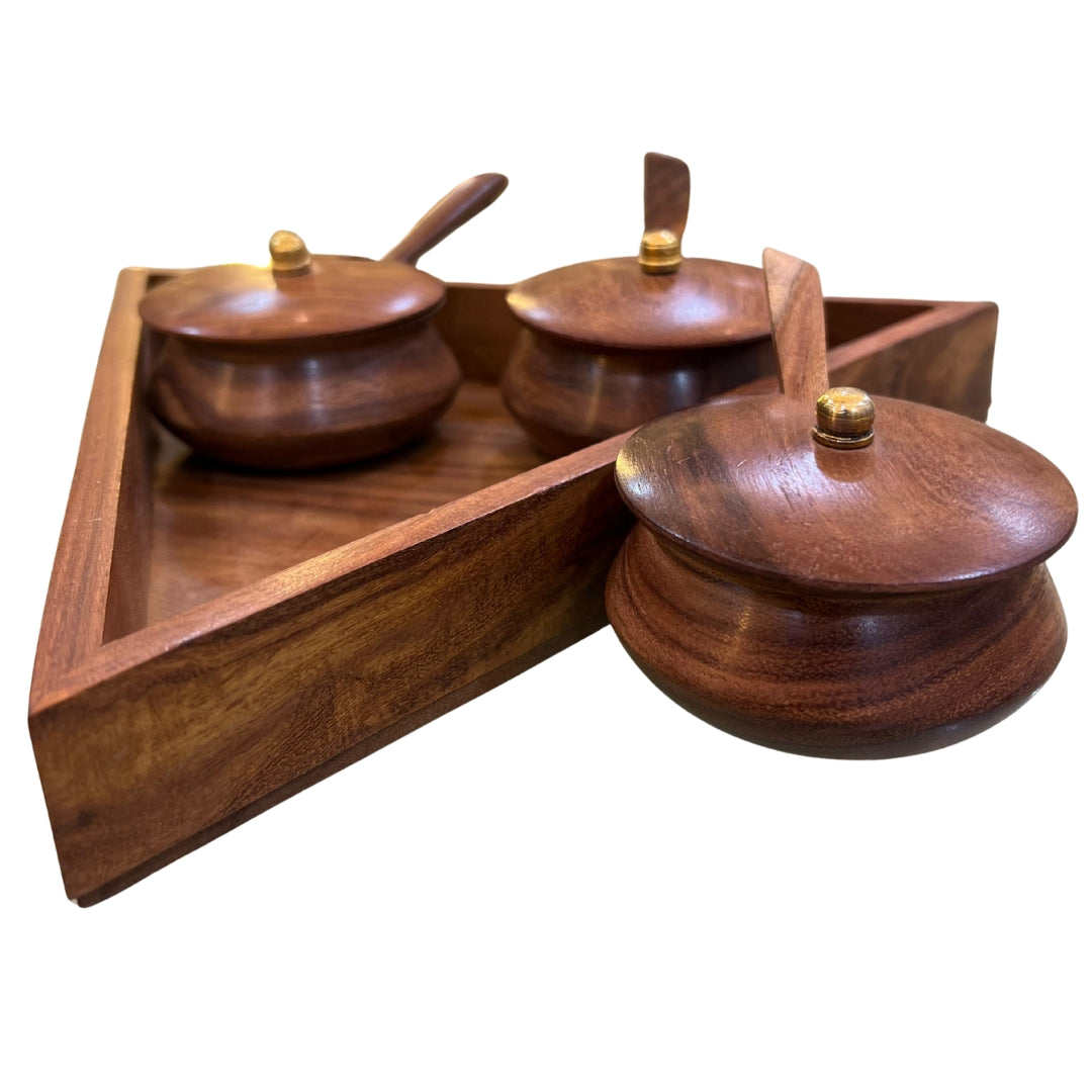Handcrafted Wooden Spice Jar Set with Triangular Tray β 3 Jars with Lids & Spoons