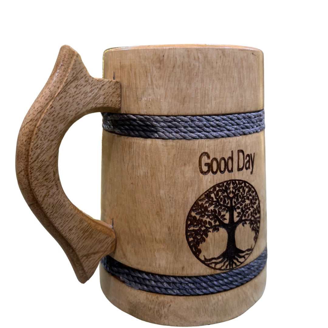 Handcrafted Wooden Beer Mug with Tree of Life Engraving – Rustic & Eco-Friendly Drinkware