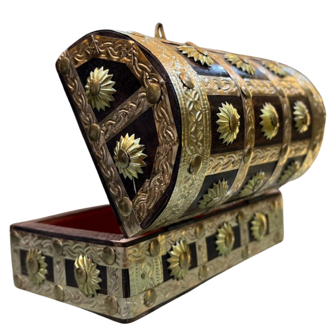 Handcrafted Wooden Jewelry Box with Brass Floral Inlay & Red Velvet Interior