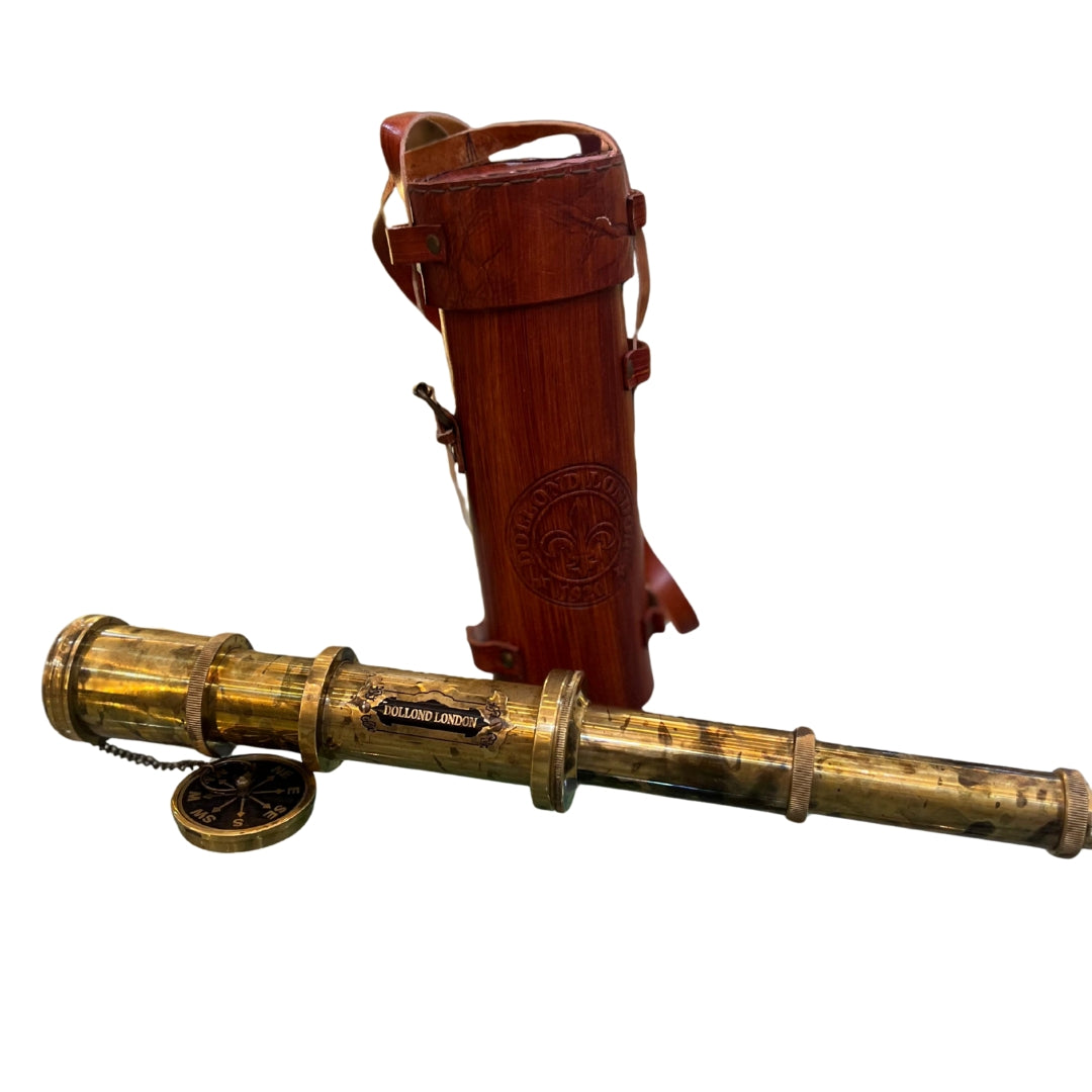 Dolland London Antique Brass Telescope – 18 Inch Vintage Nautical Spyglass with Leather Case