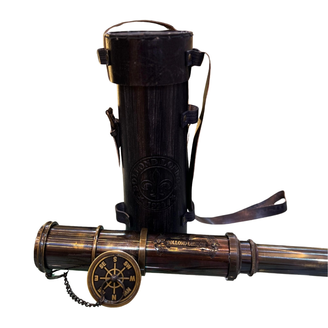 Dolland London Antique Brass Telescope with Compass – Vintage Nautical Spyglass & Leather Case