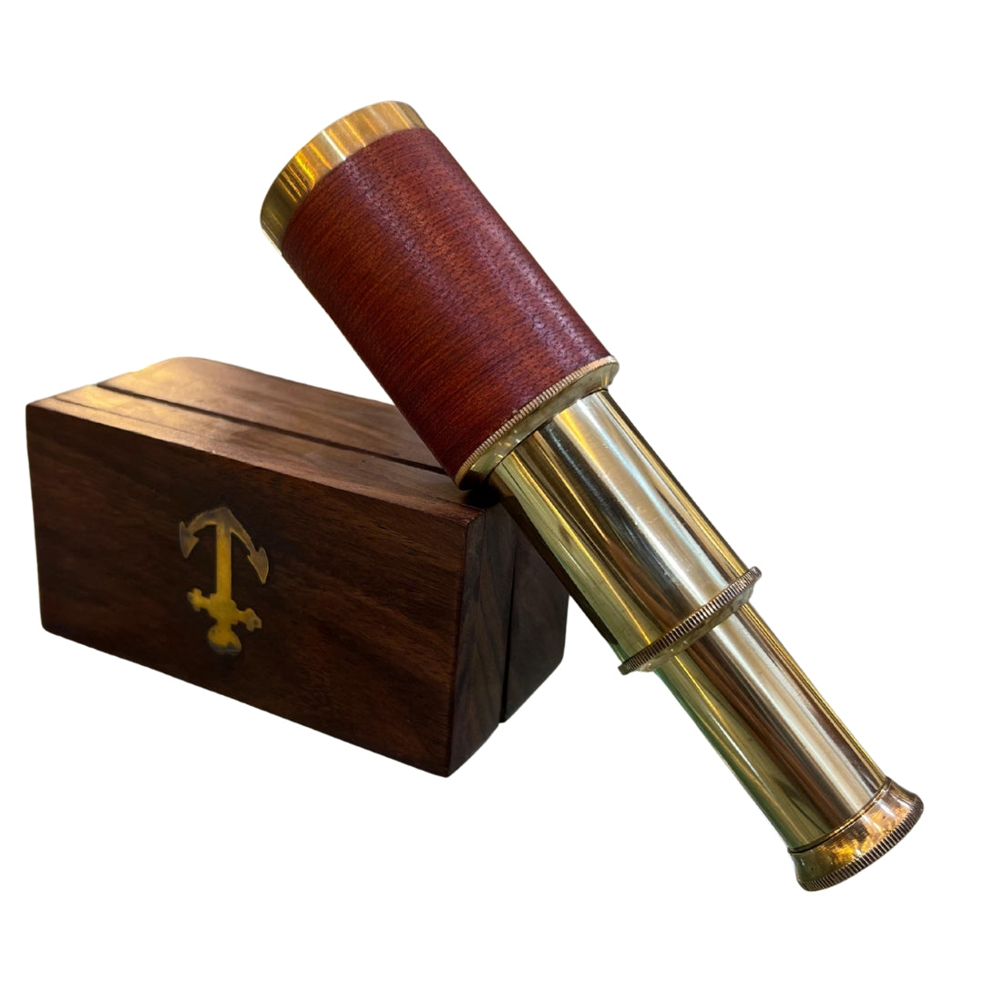 Brown Leather Brass Telescope with Wooden Box – Vintage Nautical Spyglass