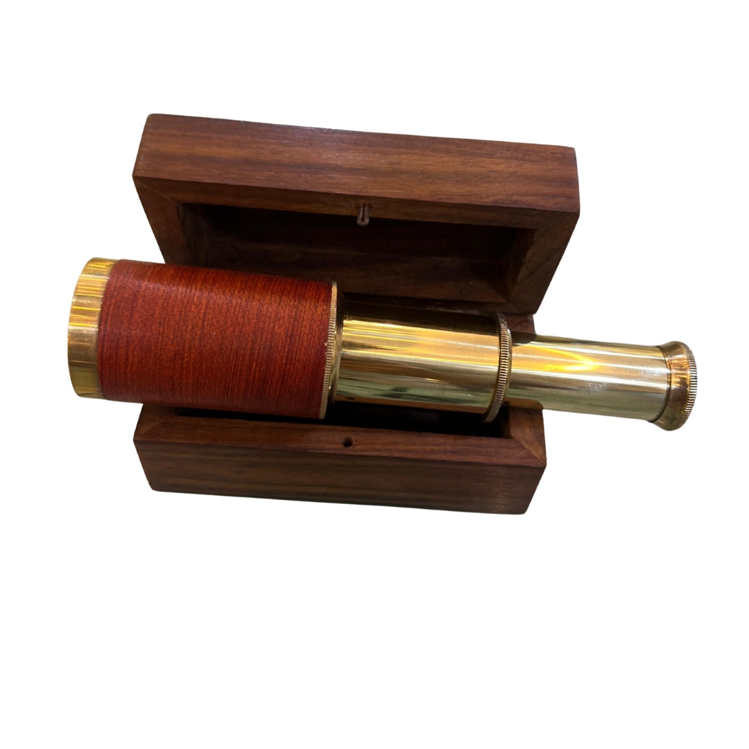 Brown Leather Brass Telescope with Wooden Box – Vintage Nautical Spyglass