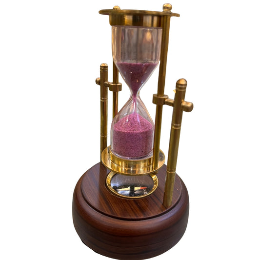 Vintage Brass Sand Timer with Wooden Base & Compass – Antique Hourglass Décor
