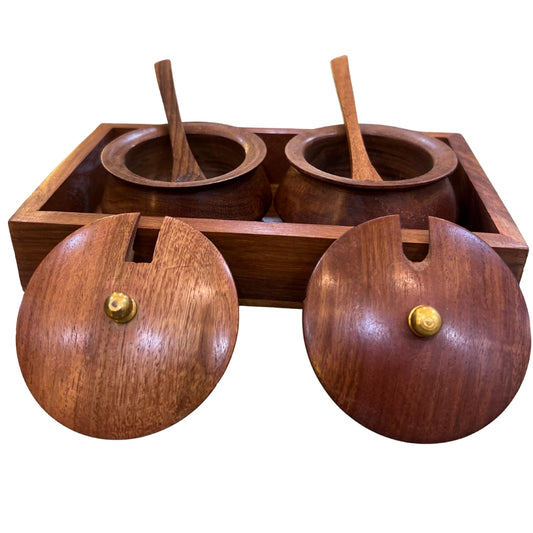 Handcrafted Sheesham Wood Spice Jar Set with Tray & Spoons – Elegant Kitchen & Dining Organizer