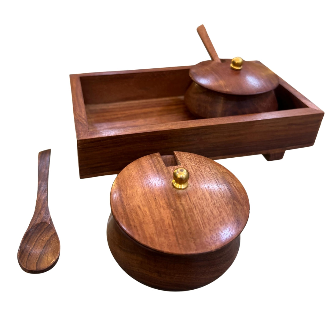 Handcrafted Sheesham Wood Spice Jar Set with Tray & Spoons – Elegant Kitchen & Dining Organizer