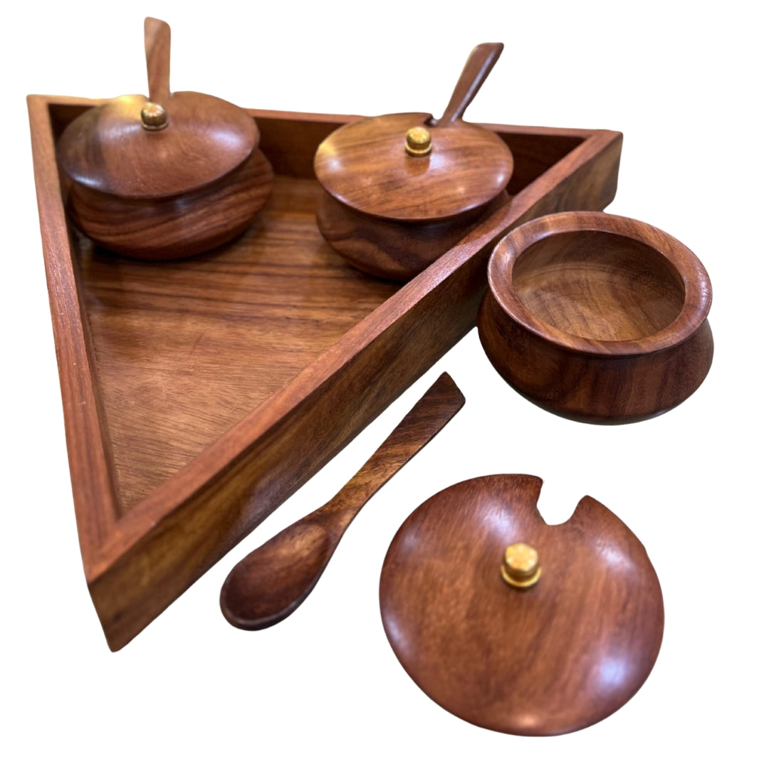 Handcrafted Wooden Spice Jar Set with Triangular Tray – 3 Jars with Lids & Spoons