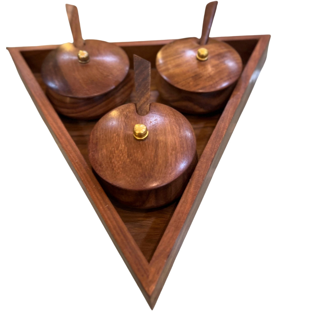 Handcrafted Wooden Spice Jar Set with Triangular Tray – 3 Jars with Lids & Spoons