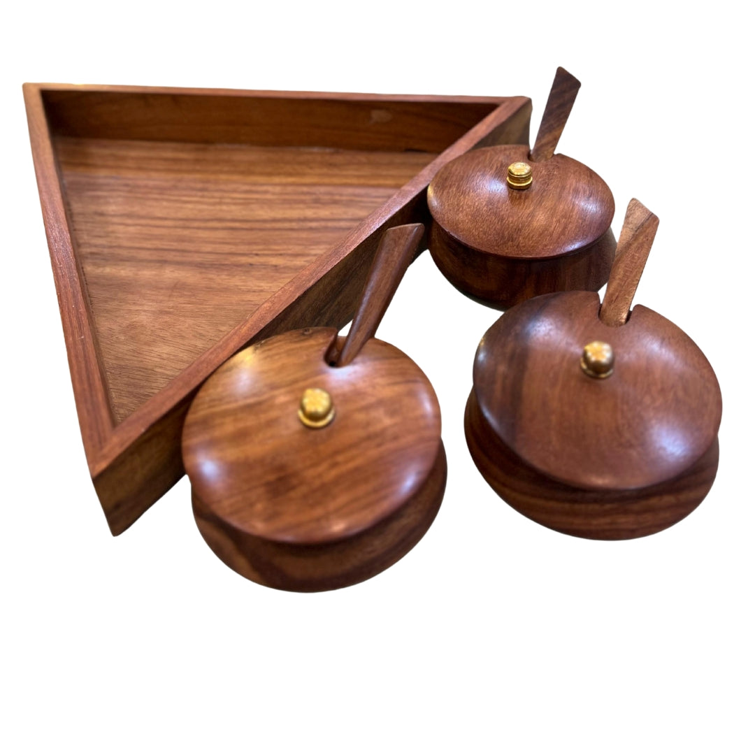 Handcrafted Wooden Spice Jar Set with Triangular Tray – 3 Jars with Lids & Spoons