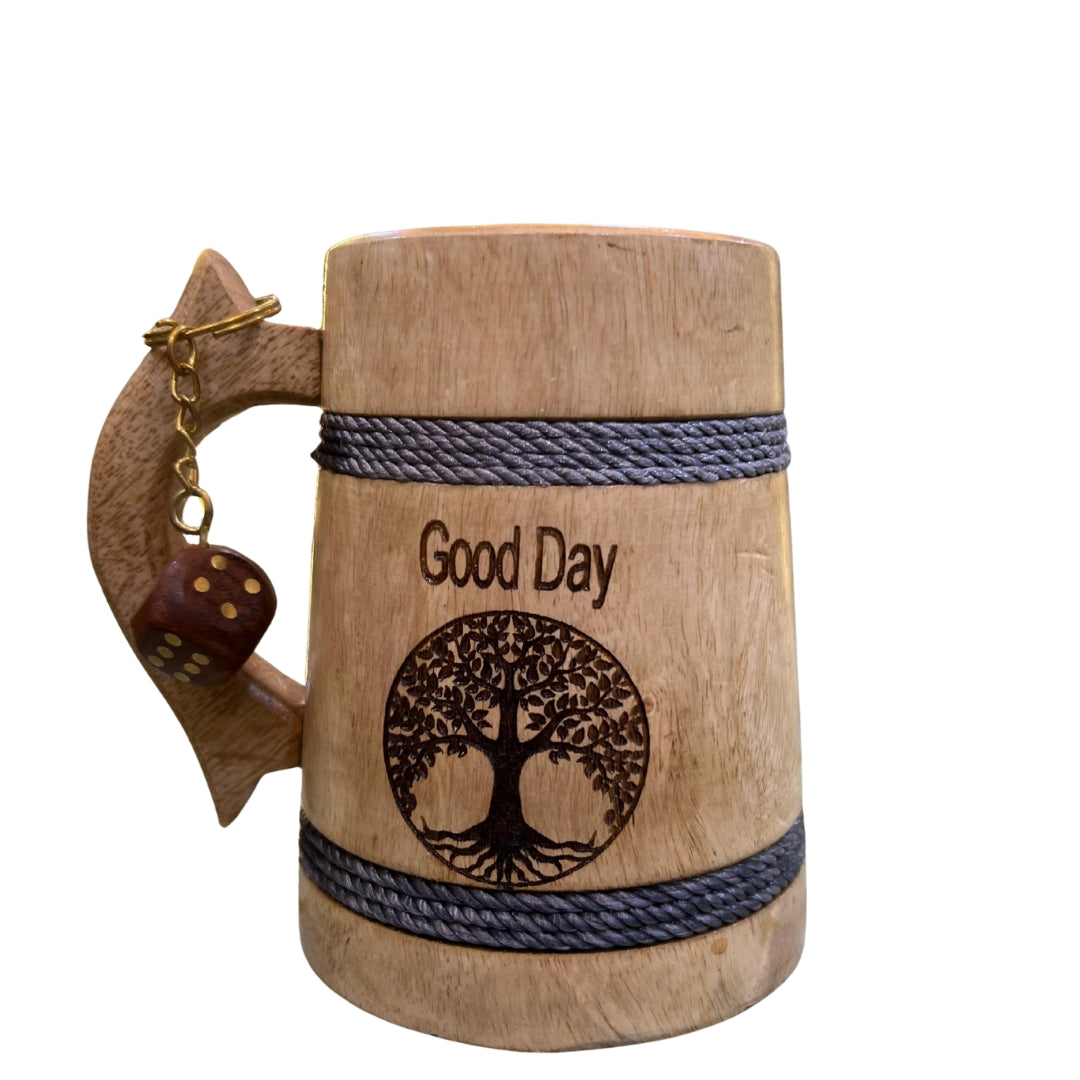 Handcrafted Wooden Beer Mug with Tree of Life Engraving – Rustic & Eco-Friendly Drinkware