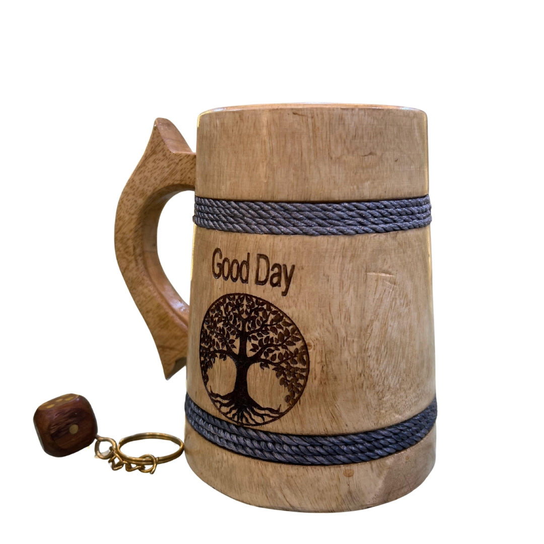 Handcrafted Wooden Beer Mug with Tree of Life Engraving – Rustic & Eco-Friendly Drinkware