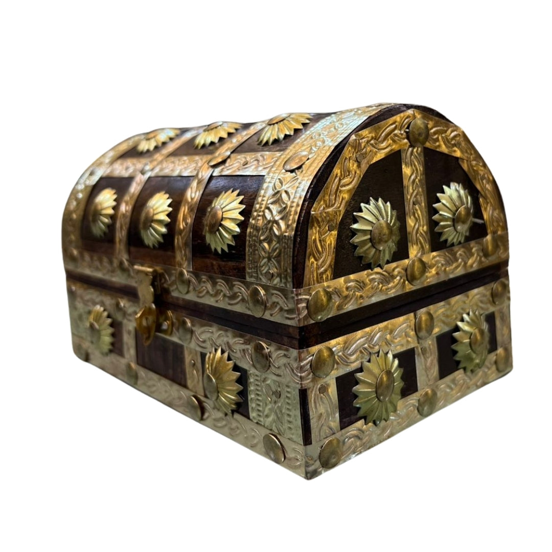 Handcrafted Wooden Jewelry Box with Brass Floral Inlay & Red Velvet Interior