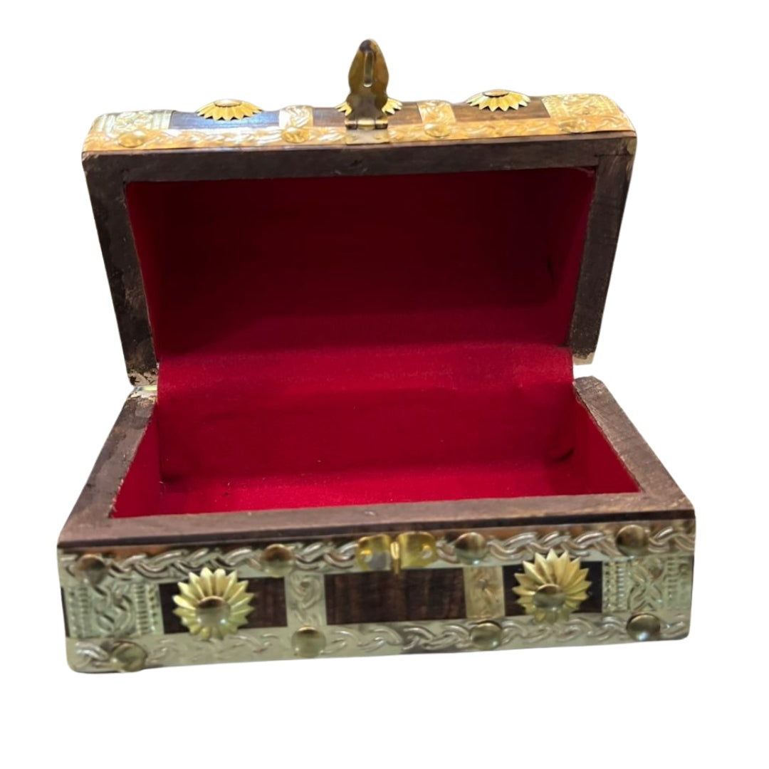 Handcrafted Wooden Jewelry Box with Brass Floral Inlay & Red Velvet Interior