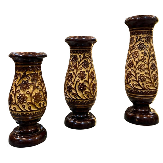 Handcrafted Wooden Vase Set of 3 – Antique Floral Carved Home Décor