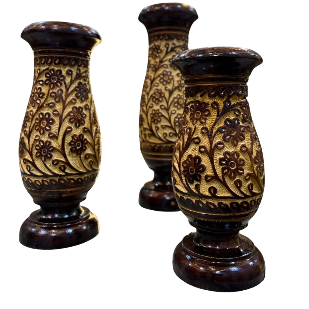 Handcrafted Wooden Vase Set of 3 – Antique Floral Carved Home Décor