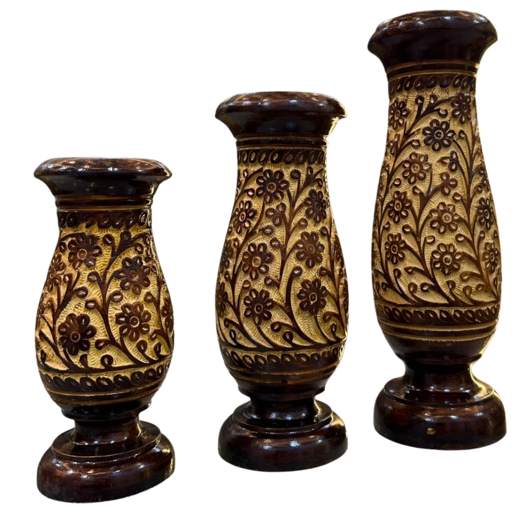 Handcrafted Wooden Vase Set of 3 – Antique Floral Carved Home Décor