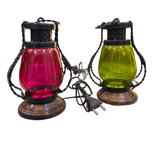 Wooden & Iron Hand-Carved Electric Lantern – Vintage Decorative Table Lamp for Home & Gifting