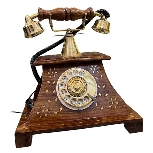 Maharaja Style Wooden & Brass Antique Telephone – Vintage Decorative Landlin