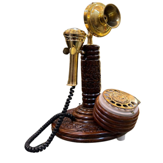 Vintage Sheesham Wood & Brass Landline Telephone – Antique Retro Décor